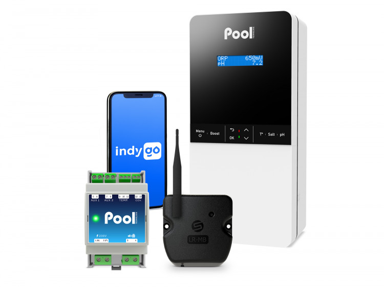 Electrolyseur au sel pour piscine Justsalt Pro avec les modules e-Pool® Command et e-Pool® relais LRMB et l'application mobile Myindygo de Pool Technologie