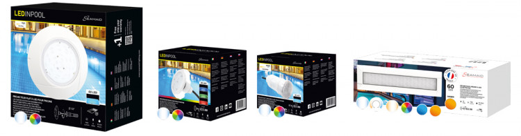 Gamme de projecteurs LED piscine SEAMAID Gamme de projecteurs LED SEAMAID pour piscine avec différents formats et options d'éclairage