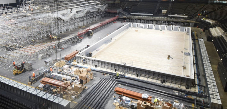 Construction d'un bassin de compétition Myrtha Pools à Paris La Défense Arena Nanterre