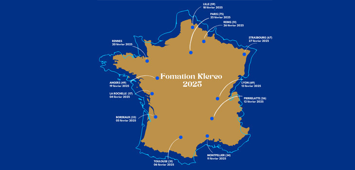 Carte de France des étapes de formations Klereo en 2025