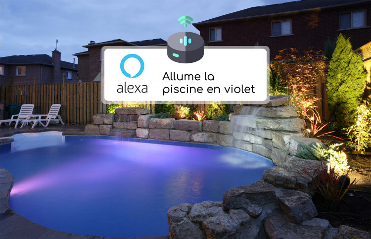 Eclairage LED piscine de CCEI contrôlé par la voix piscine éclairée en violet par assistant vocal Alexa