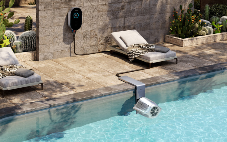 The iGarden Swim Jet P Series installed on a poolside deck, offering flexible wall-mount configuration