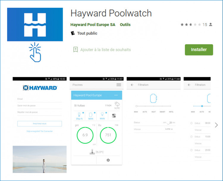 Application Hayward Poolwatch téléchargeable sur Google Play
