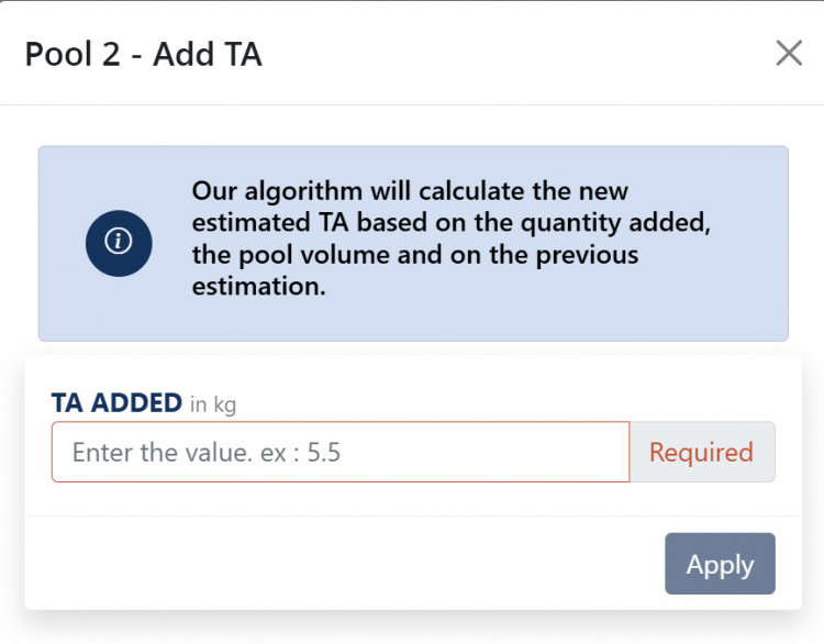 New TAC calculation function on the ProPoolCop application, based on water data and recommendations