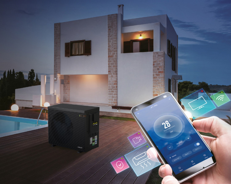 Pompe à chaleur connectée Poolex Jet Pro pilotée à distance depuis un smartphone grâce à l'application Poolex