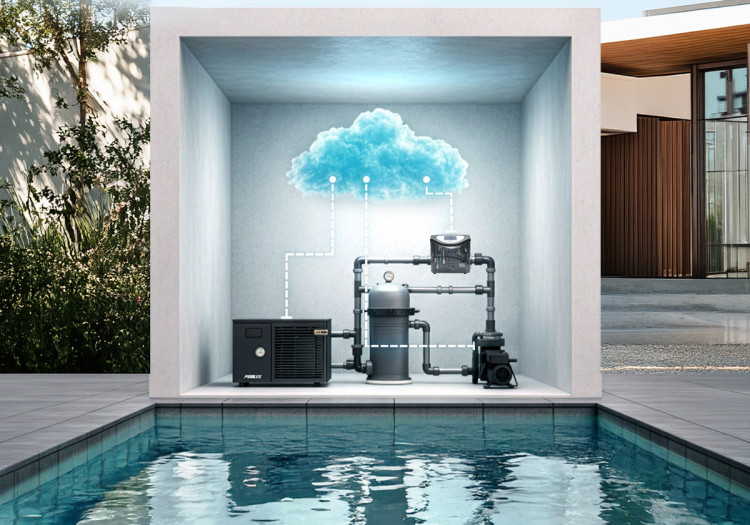 Pompe &agrave; chaleur piscine R290 int&eacute;gr&eacute;e dans un local technique connect&eacute; Poolex avec filtration et traitement