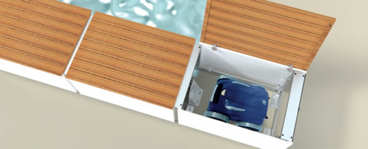 rangement d'un robot nettoyeur piscine dans le banc-coffre Zen'IT