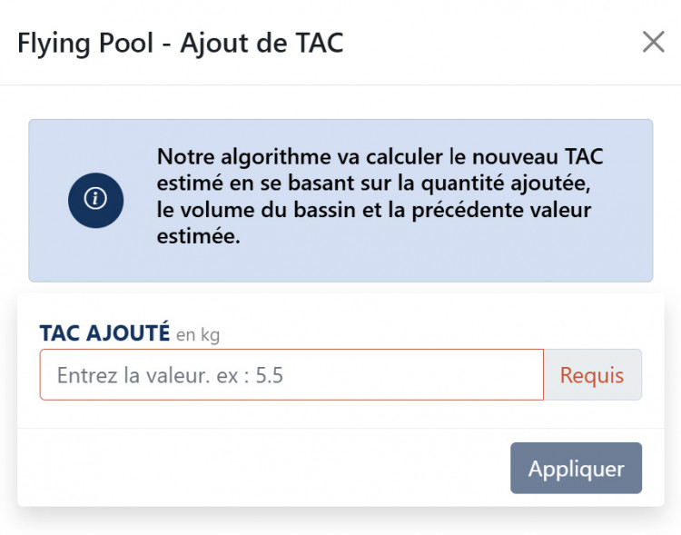 Fonction de calcul du nouveau TAC sur l'application ProPoolCop, basée sur les données de l'eau et les recommandations.