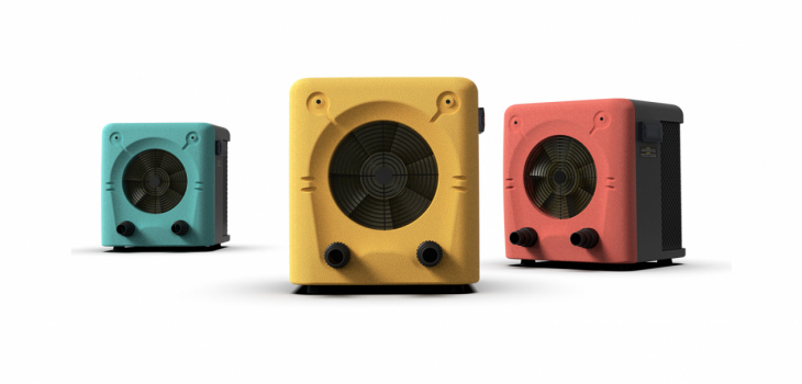 Cubic iQ series swimming pool heat pump models in yellow, red and blue versions