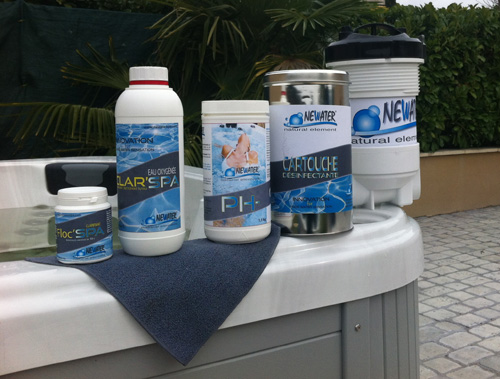 Newater range products in front of a spa